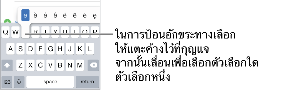 หน้าจอจะแสดงตัวอักษรทางเลือกสำหรับ "e" คีย์