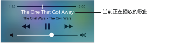 “控制中心”音频回放控制。 搓擦条和播放头位于顶部，当前播放的歌曲的歌曲和专辑出现在回放控制上方。 音量控制出现在底部。