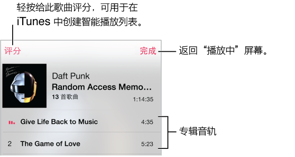 “音轨列表”屏幕的一部分，显示当前专辑封面的音轨。 轻按“评分”按钮给歌曲评分，以在 iTunes 中创建智能播放列表。 轻按“完成”以返回“播放中”屏幕。