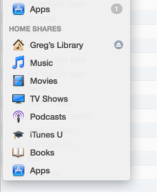 The Library pop-up menu with Home Sharing turned on
