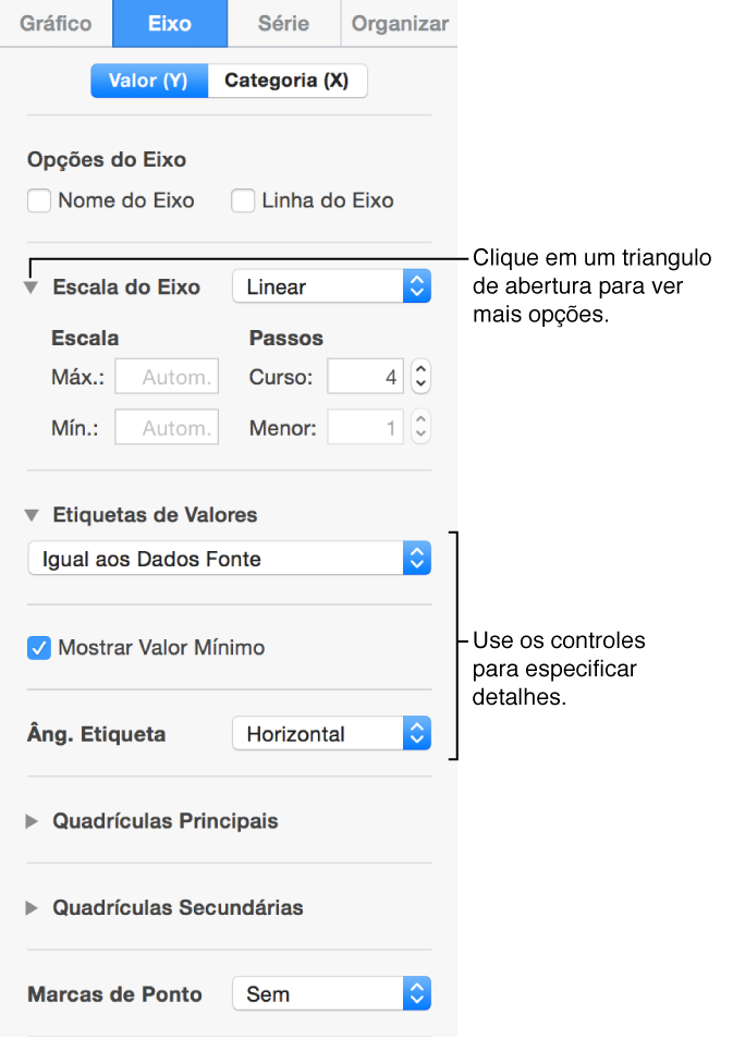Controles para formatação de marcações de eixo do gráfico