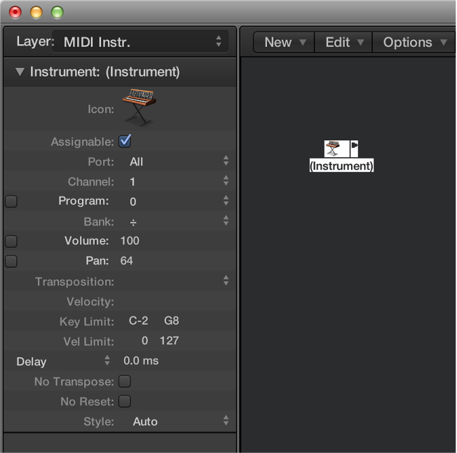 Figure. Environment window showing a standard instrument object and its inspector.