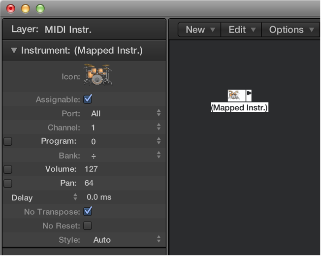 Figure. Environment window showing a mapped instrument object and its inspector.