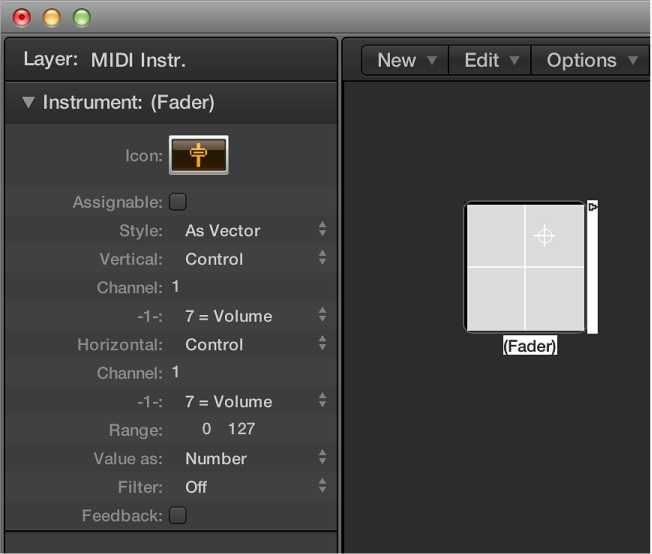 Figure. Environment window showing a vector fader object and its inspector.