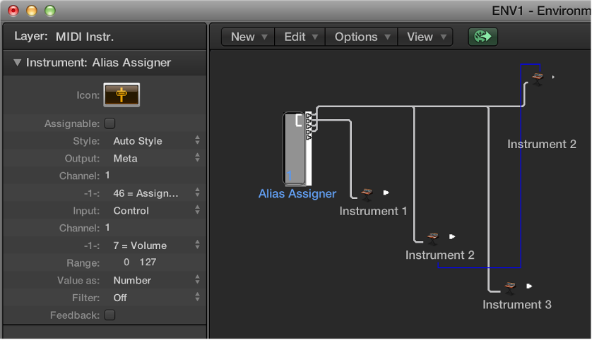 Figure. Environment window showing an alias assigner object and its inspector.