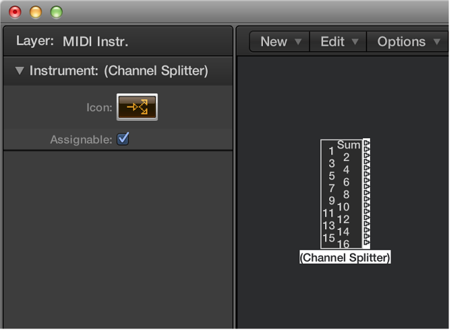 Figure. Environment window showing a channel splitter object and its inspector.