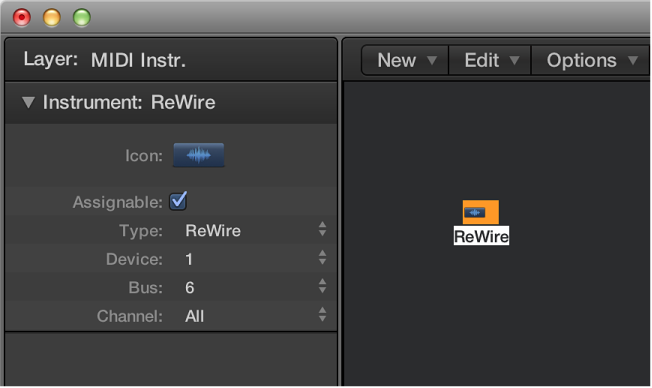 Figure. Environment window showing a ReWire object and its inspector.