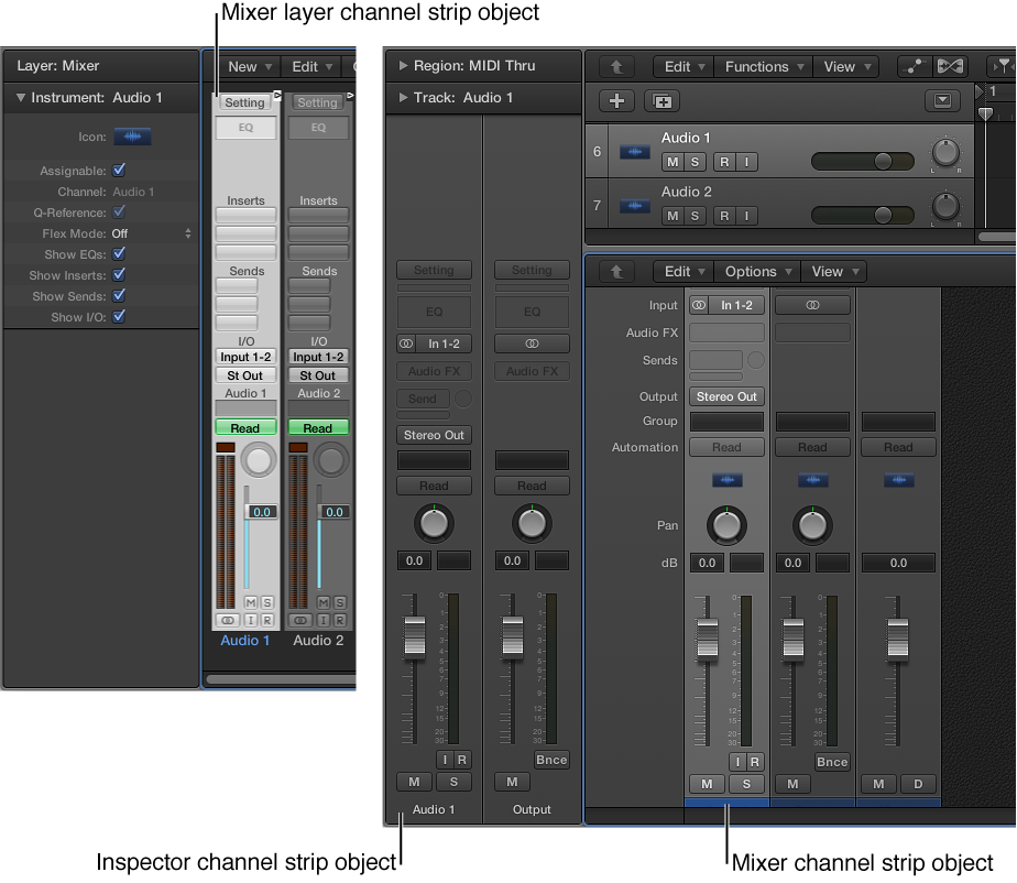 Figure. Showing channel strip objects in the Environment's Mixer layer and in the main window's Mixer and inspector.