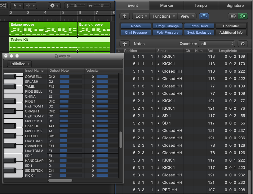 Figure. Mapped Instrument window showing mapped instrument note names in Event List.