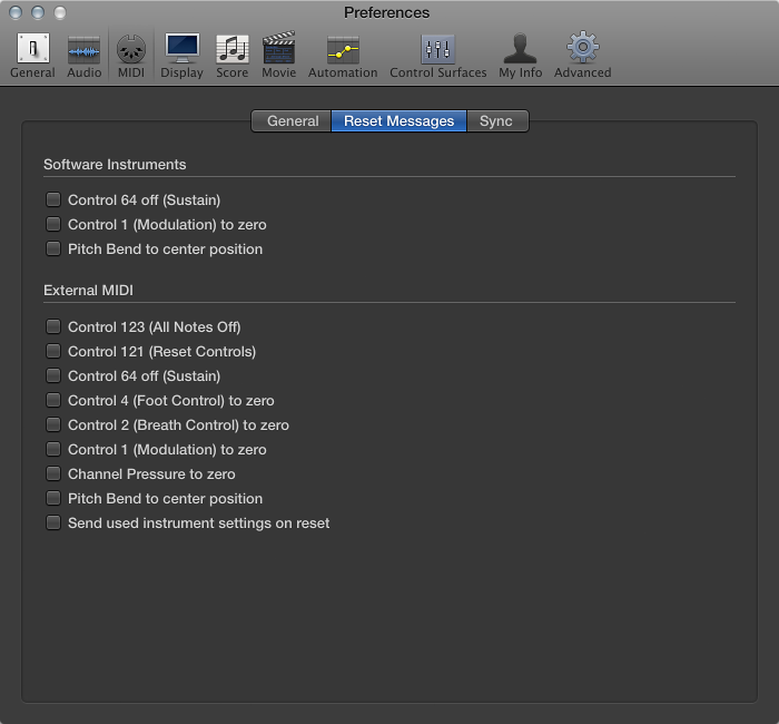 Figure. MIDI Reset Messages preferences.