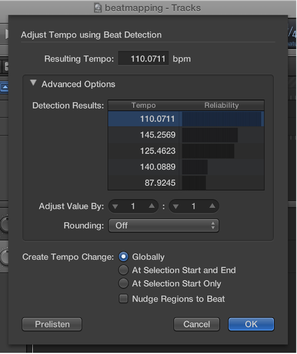 Figure. Adjust Tempo using Beat Detection dialog.