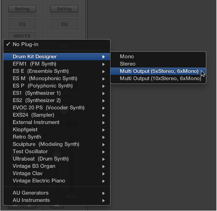 Figure. Instrument slot pop-up menu showing the EXS24 Multi Output option.