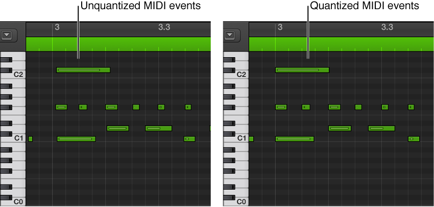 Figure. A pair of images showing unquantized and quantized MIDI events in the Piano Roll Editor.