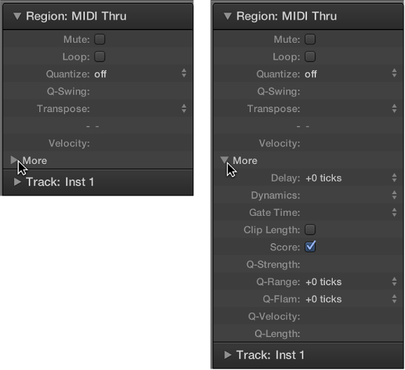 Figure. A pair of images showing audio and MIDI region quantization parameters in the Regon inspector.