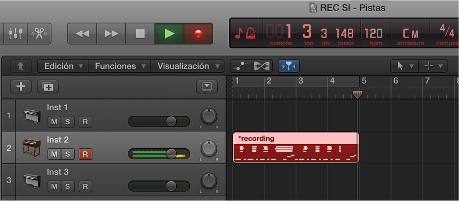 Ilustración. Se muestra un pasaje MIDI grabado en color rojo en el área Pistas.