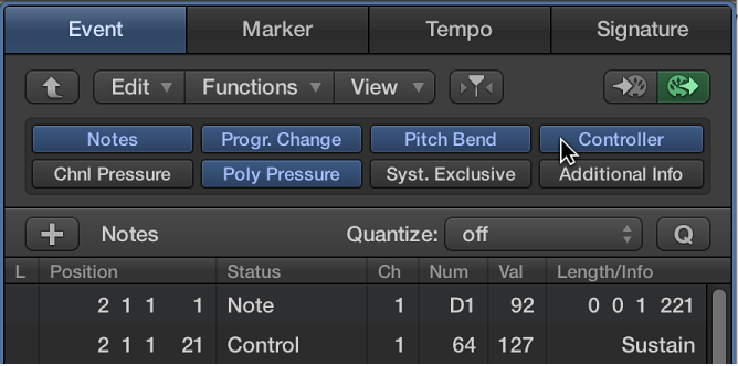 Figure. Onglet Liste d’événements affichant des boutons de type d’événement