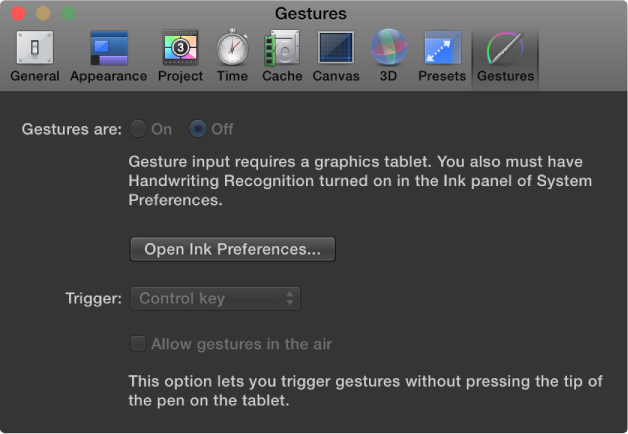 Motion Preferences window showing Gestures pane