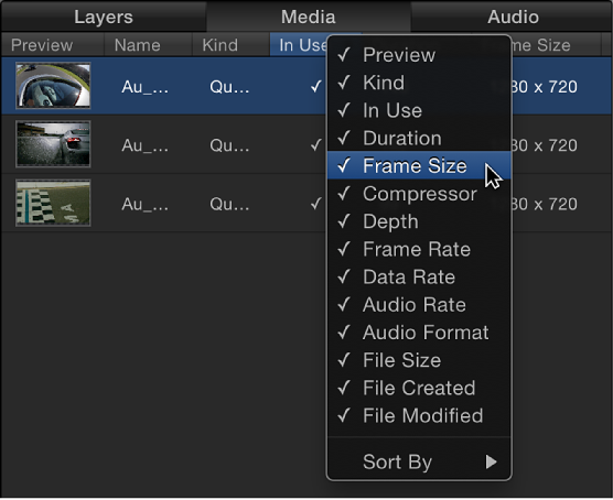 Lista Contenido con las opciones desplegables de columnas