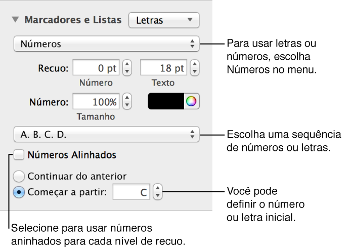 Controles para alterar o estilo do número e o espaçamento da lista