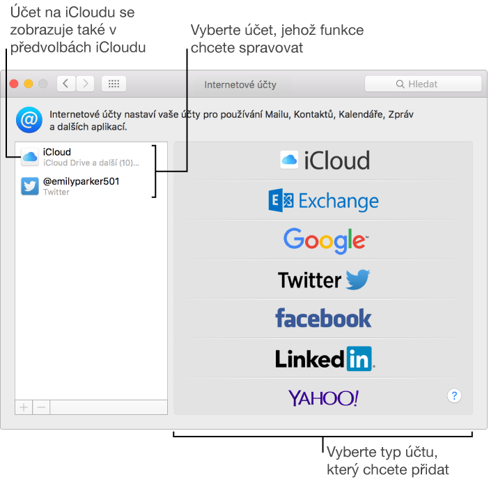 Panel Internetové účty v Předvolbách systému s účty iCloud a Twitter uvedenými vpravo a dostupnými typy účtů uvedenými vlevo