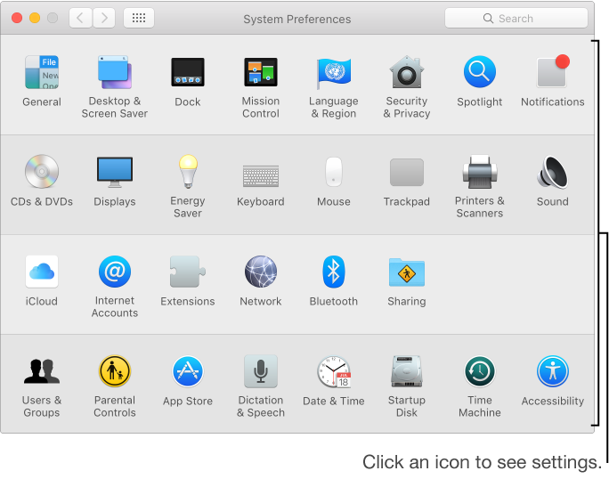 System Preferences window showing a grid of categories. Click a category to see those settings.