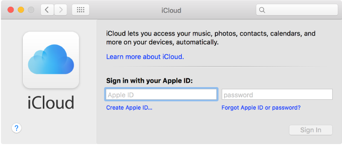 iCloud pane of System Preferences, ready for entry of Apple ID name and password