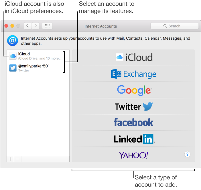 Internet Accounts pane of System Preferences with iCloud and Twitter accounts listed on the right and available account types listed on the left