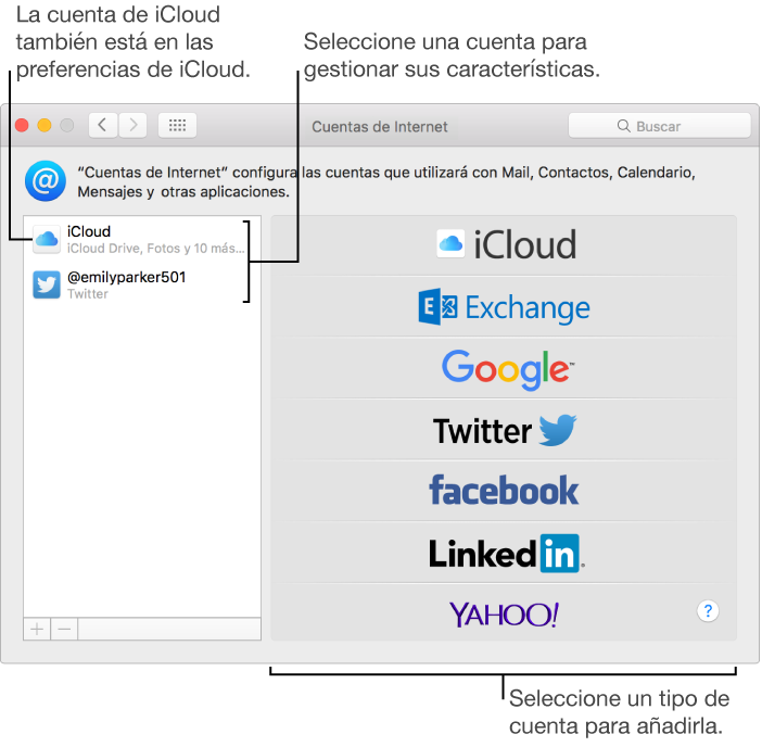 El panel de preferencias de “Cuentas de Internet” con cuentas de iCloud y Twitter a la derecha y los tipos de cuenta disponibles indicados a la izquierda