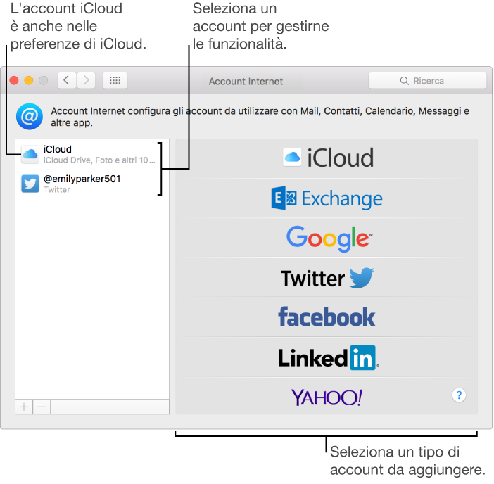 Il pannello Account delle Preferenze di Sistema con gli account iCloud e Twitter elencati sulla destra e i tipi di account disponibili elencati sulla sinistra