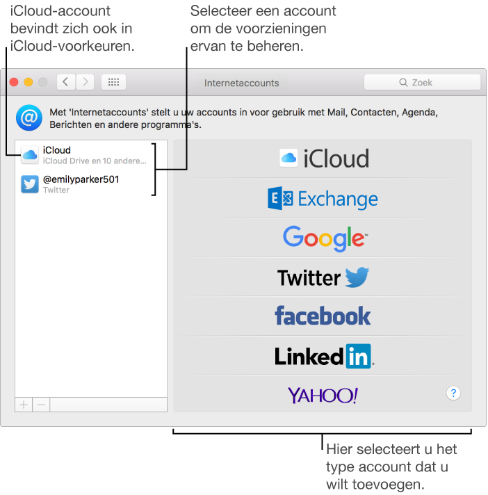 Paneel 'Internetaccounts' in Systeemvoorkeuren, met iCloud- en Twitter-accounts aan de rechterkant en beschikbare accounttypen aan de linkerkant