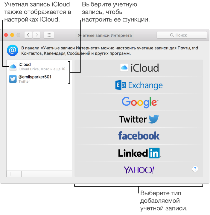 Панель учетных записей Интернета в системных настройках с учетными записями iCloud и Твиттер справа и доступными типами учетных записей слева.
