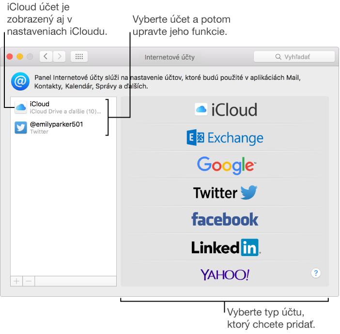 Panel Internetové účty v Systémových nastavení so zoznamom účtov na iCloude a Twitteri na pravej strane a zoznamom dostupných typov účtov na ľavej strane