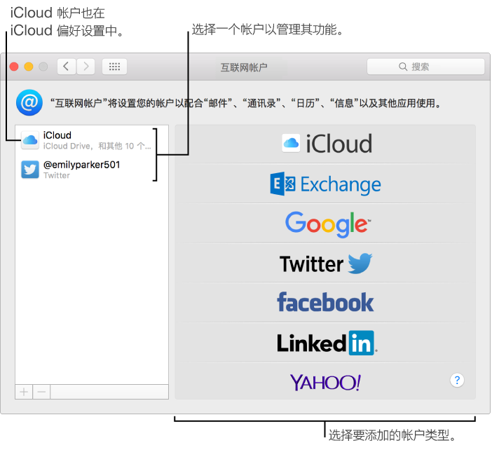 “系统偏好设置”的“互联网帐户”面板，其中 iCloud 和 Twitter 帐户列在右侧，而可用帐户类型列在左侧