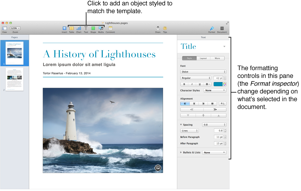 The Pages window with thumbnail view open on the left and the Format inspector open on the right.