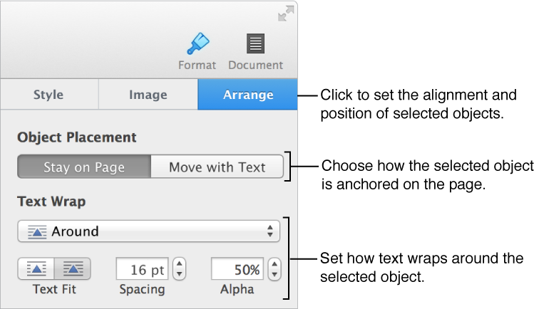 The Arrange pane of the Format inspector with controls for object placement and text wrap