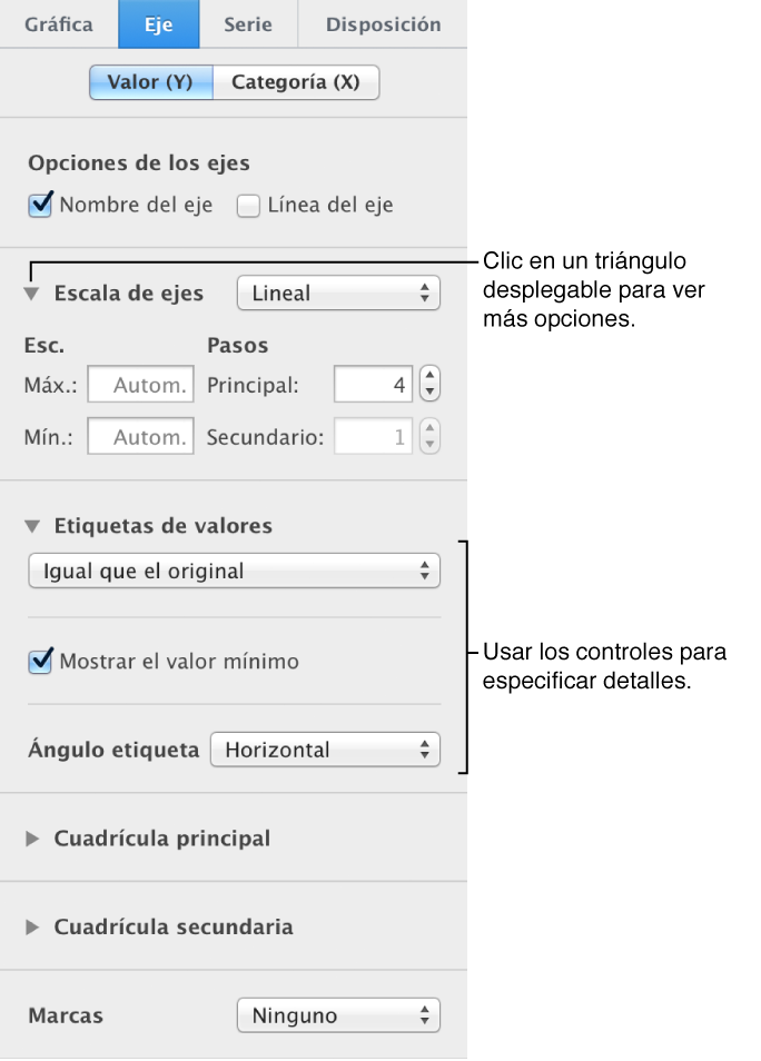 Controles para dar formato a las marcas de eje de una gráfica