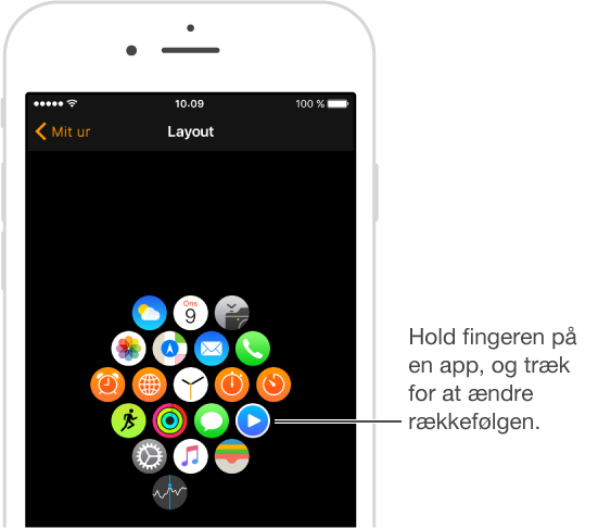 Skærmen Layout i appen Apple Watch på iPhone, som viser placeringen af apps. Hold fingeren nede på de enkelte apps, og træk for at flytte rundt på dem.