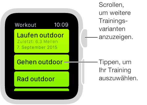 Tippen Sie in der App „Workout“ auf ein Training und drehen Sie die Digital Crown, um eine Liste der unterschiedlichen Trainingseinheiten anzuzeigen.