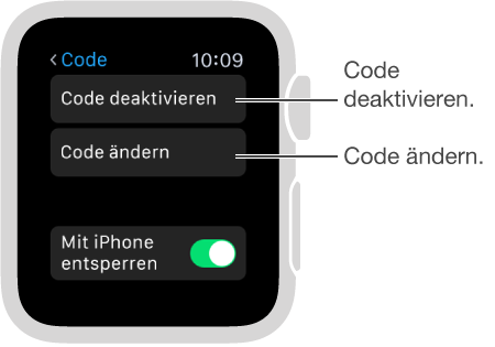 Bildschirm mit den Codeeinstellungen auf der Apple Watch. Pfeil auf „Code deaktivieren“ und „Code ändern“.