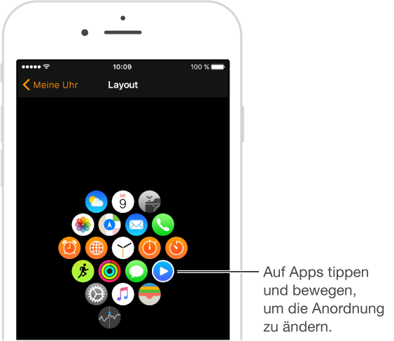 Der Layoutbildschirm der App „Apple Watch“ auf dem iPhone mit dem Applayout. Tippen Sie auf Apps und bewegen Sie sie, um Sie anders anzuordnen.