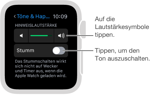 Einstellungsbildschirm „Töne & Haptik“ auf der Apple Watch. Drehen Sie die Digital Crown oder tippen Sie auf die Lautstärkesymbole, um die Lautstärke für Klingel- und Hinweistöne zu ändern. Tippen Sie auf „Stumm“, um die Apple Watch stummzuschalten.