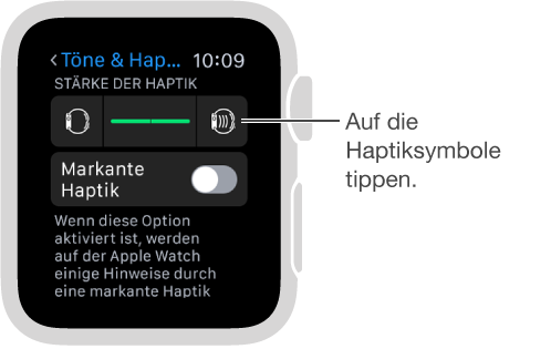 Der Einstellungsbildschirm „Töne & Haptik“, in dem Sie zu den „Klingel- und Hinweishaptik“ scrollen und auf die Haptiksymbole tippen, um die Intensität der Taps zu erhöhen oder zu verringern.