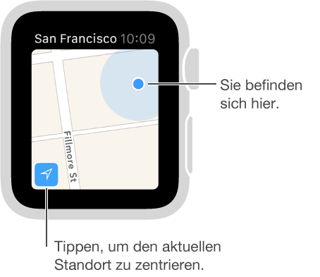 Tippen Sie auf die Ortungstaste unten links auf der Karte, um Ihren Standort mit einem blauen Punkt anzuzeigen.