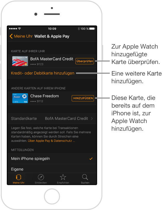 Bildschirm der App „Apple Watch“ mit den Einstellungen für Wallet & Apple Pay. Pfeil auf das Wort „Überprüfen“, tippen, um den Überprüfungscode Ihrer Zahlungskarte einzugeben. Tippen Sie auf „Neue Kredit- oder Debitkarte hinzufügen“, um eine neue Zahlungskarte hinzuzufügen. Wenn Sie bereits auf dem iPhone Karten hinzugefügt haben, können Sie neben diesen auf „Hinzufügen“ tippen, um Sie zur Apple Watch hinzuzufügen.