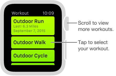 In the Workout app, tap to select a workout and turn the Digital Crown to see the list of workouts.
