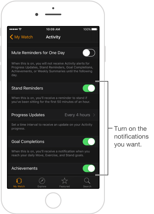 Activity screen in Apple Watch app, where you can customize the notifications you want to get and whether you want to show the Activity glance.