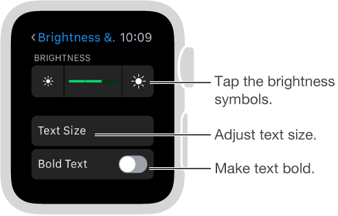 Brightness settings screen on Apple Watch with callout to brightness symbols at either end of slider: Tap the brightness symbols; callout to Text Size: Adjust text size; Callout to Bold Text: Make text bold.