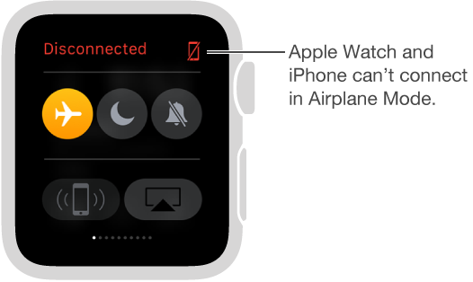 The Settings glance where you can see the connection status of your watch and iPhone and set Airplane Mode, Do Not Disturb, and Mute. You can also ping your iPhone. Airplane Mode is selected and the status is Disconnected.