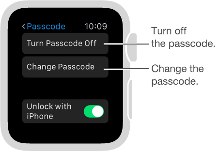 Passcode settings screen on Apple Watch. Pointer to Disable Passcode and Change Passcode.