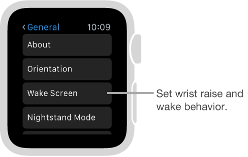 The General Settings screen on Apple Watch with pointer to Activate on Wrist Raise option. Tap to set it.